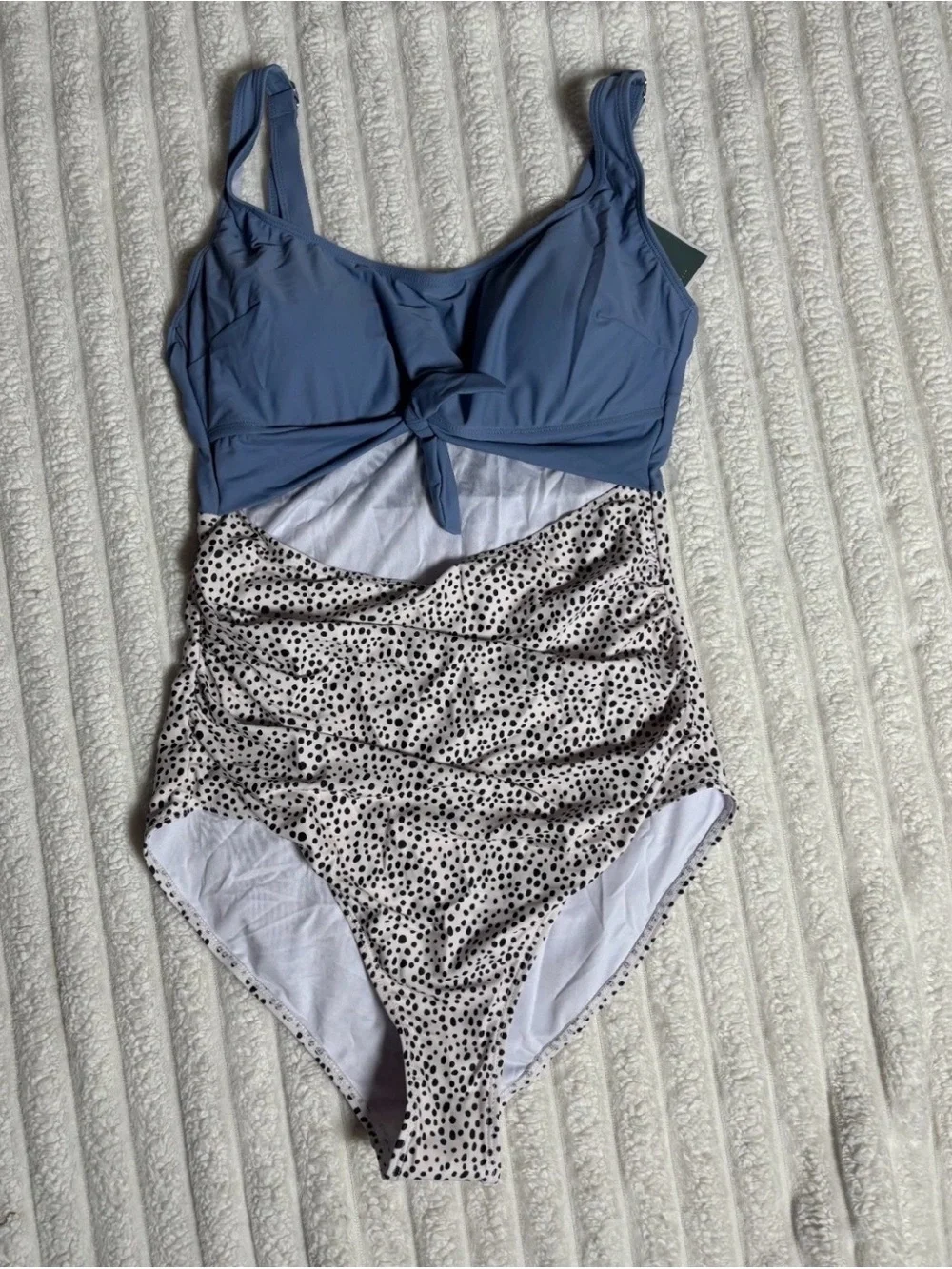 Tie-Front Scoop One-Piece Swimsuit in Dusty Blue and White Spot